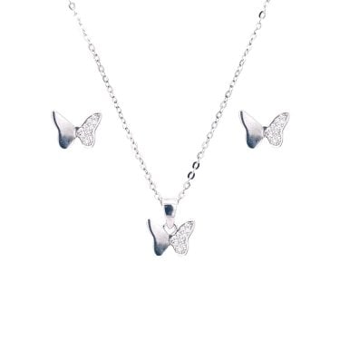 Sterling Silver Half Plain Half CZ Butterfly Necklace & Earrings Set 9x6mm, 16-18"