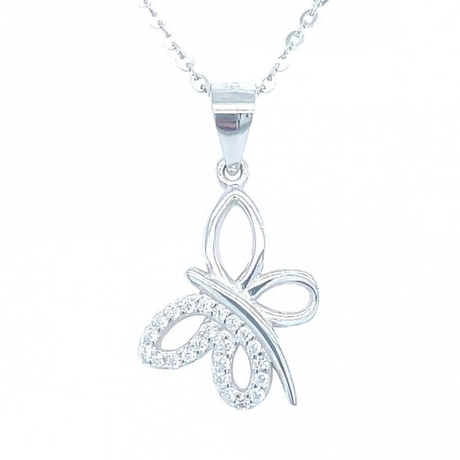 Faith Sterling Silver Sterling Silver Half Plain, Half CZ Butterfly Outline Necklace 15x13mm, 16-18