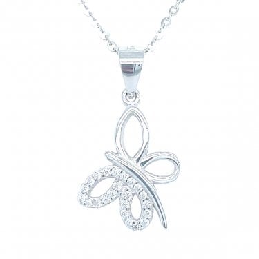 Sterling Silver Half Plain, Half CZ Butterfly Outline Necklace 15x13mm, 16-18"