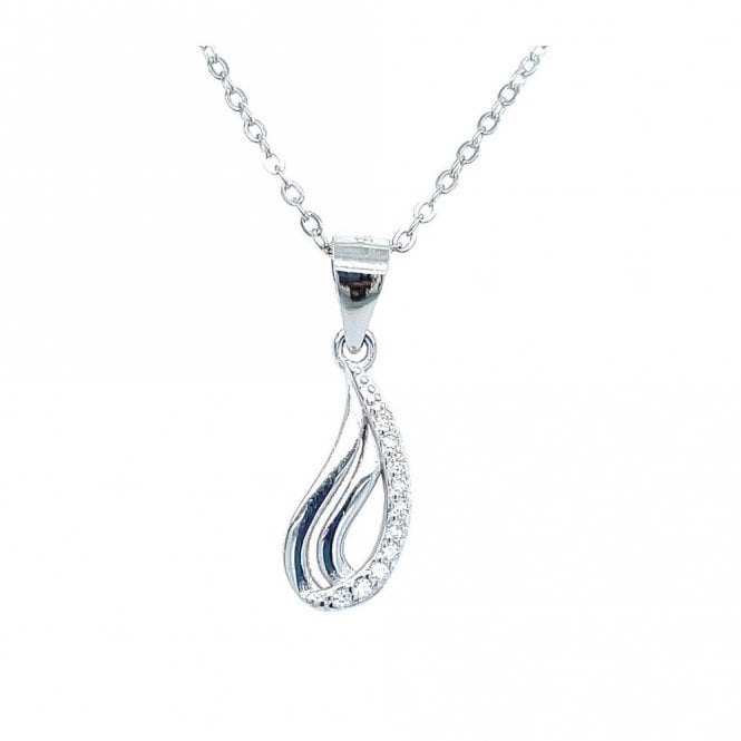 Faith Sterling Silver Sterling Silver Half Plain, Half CZ Comma Shape Drop Necklace 13x8mm, 16-18