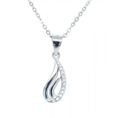 Sterling Silver Half Plain, Half CZ Comma Shape Drop Necklace 13x8mm, 16-18"