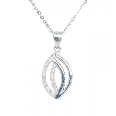 Sterling Silver Half Plain Half CZ Double Teardrop Necklace 17x11mm, 16-18"