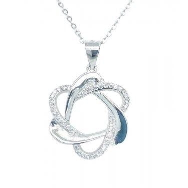 Sterling Silver Half Plain Half CZ Entwined Necklace 19x17mm, 16-18"