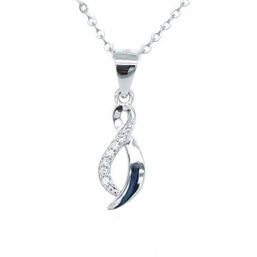 Sterling Silver Half Plain, Half CZ Figure of Eight Necklace 14x6mm, 16-18"