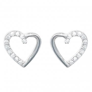 Sterling Silver Half Plain Half CZ Off Centre Heart Outline Stud Earrings 8x8mm