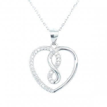 Sterling Silver Half Plain Half CZ Open Heart with Infinity Centre Necklace 17x18mm, 16-18"