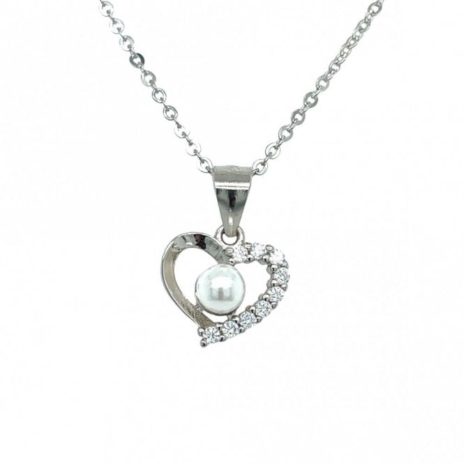 Faith Sterling Silver Sterling Silver Half Plain, Half CZ Open Heart with Pearl Centre Necklace 10x11mm, 16-18