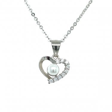 Sterling Silver Half Plain, Half CZ Open Heart with Pearl Centre Necklace 10x11mm, 16-18"