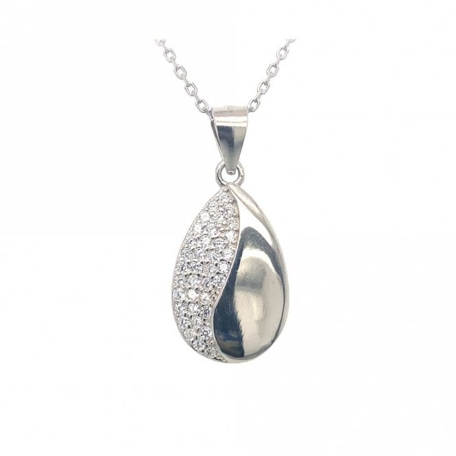 Faith Sterling Silver Sterling Silver Half Plain, Half CZ Pave Set Teardrop Necklace 18x10mm, 16-18