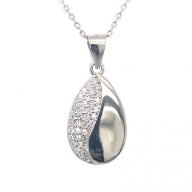 Sterling Silver Half Plain, Half CZ Pave Set Teardrop Necklace 18x10mm, 16-18"