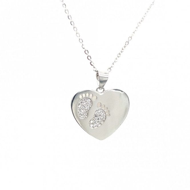 Faith Sterling Silver Sterling Silver Heart with Stone CZ Footprints Necklace 17x19mm, 16-18