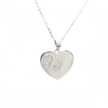 Sterling Silver Heart with Stone CZ Footprints Necklace 17x19mm, 16-18"