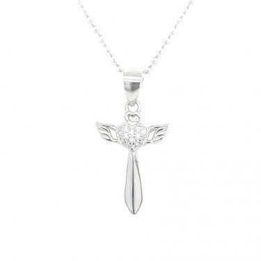 Sterling Silver Heart with Wings Cross Necklace 19x12mm, 16-18"