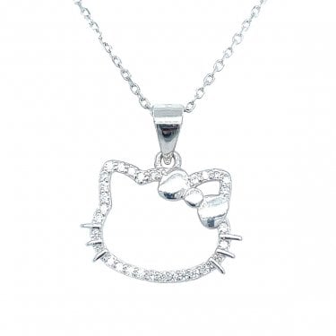 Sterling Silver Hello Kitty CZ Outline with Plain Bow Necklace 17x18mm, 16-18"