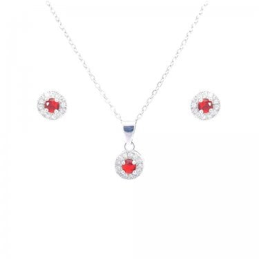 Sterling Silver January Birthstone CZ Halo Necklace & Earrings Set 7x7mm, 16-18"
