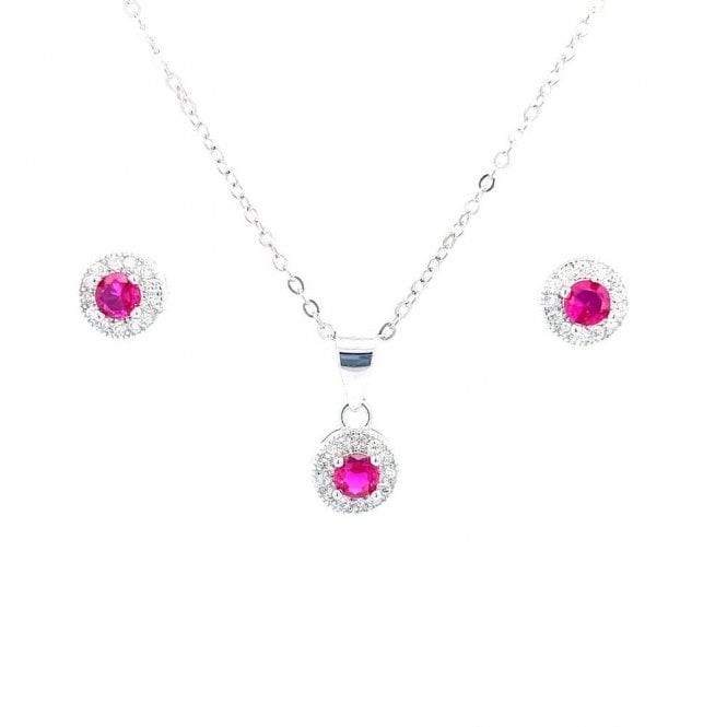 Faith Sterling Silver Sterling Silver July Birthstone CZ Halo Necklace & Earrings Set 7x7mm, 16-18