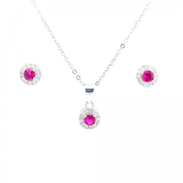 Sterling Silver July Birthstone CZ Halo Necklace & Earrings Set 7x7mm, 16-18"