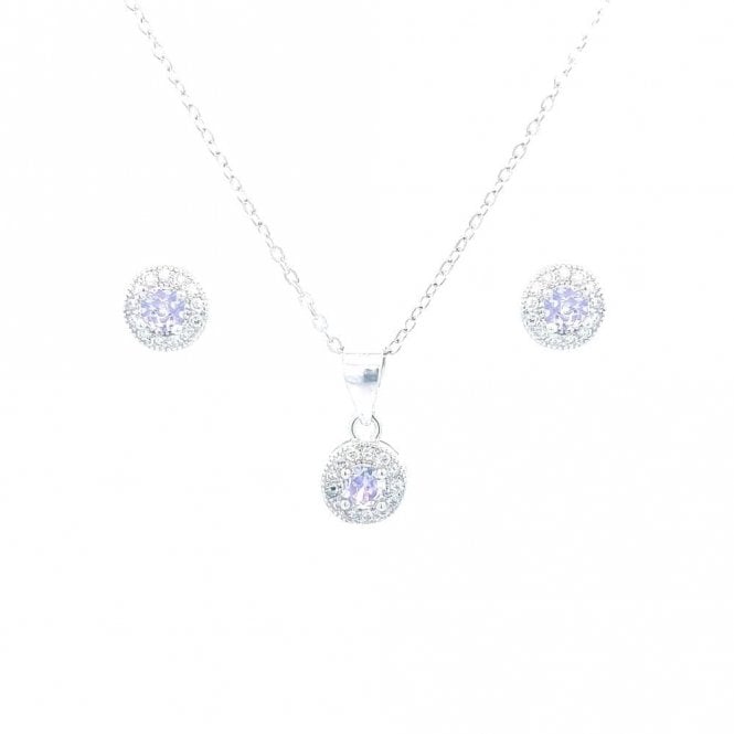 Faith Sterling Silver Sterling Silver June Birthstone CZ Halo Necklace & Earrings Set 7x7mm, 16-18