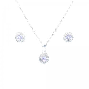 Sterling Silver June Birthstone CZ Halo Necklace & Earrings Set 7x7mm, 16-18"