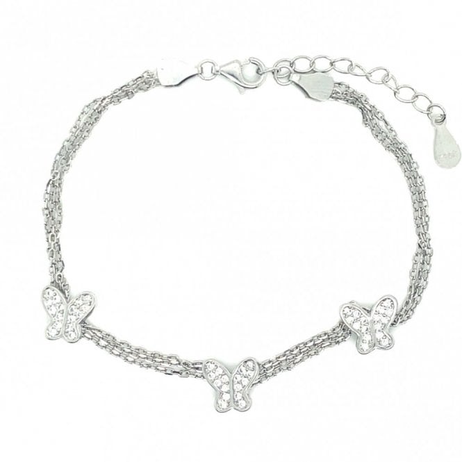 Faith Sterling Silver Sterling Silver Kids 3 Pave Butterfly, Multi-Strand Extendable Bracelet 15+4cm