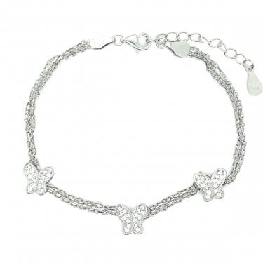 Sterling Silver Kids 3 Pave Butterfly, Multi-Strand Extendable Bracelet 15+4cm