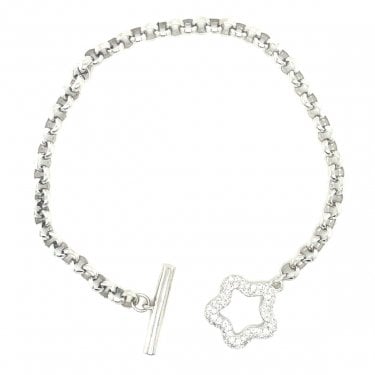 Sterling Silver Kids Belcher Link CZ Pave Open Star & T-Bar Bracelet 16+1.5cm
