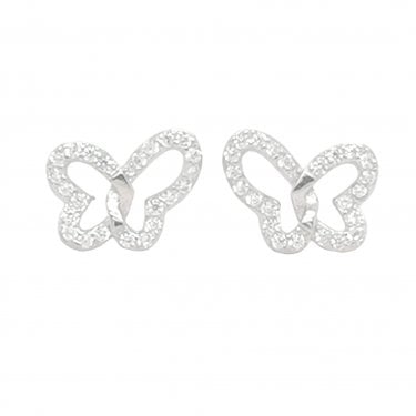 Sterling Silver Kids CZ Butterfly Outline 9x5mm Stud Earrings