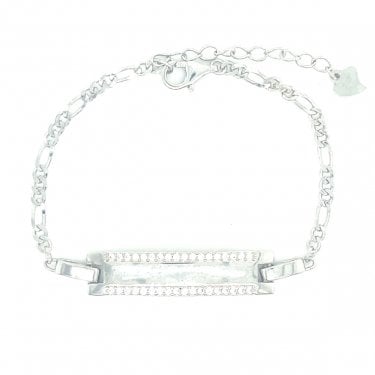 Sterling Silver Kids CZ Top & Bottom ID Figaro Bracelet 14+3.5cm
