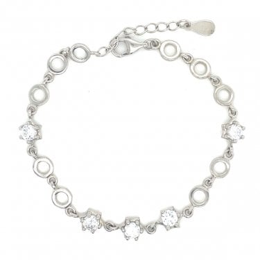 Sterling Silver Kids Open Plain Circle & CZ Star Link Bracelet 5x5mm, 14+3.5cm