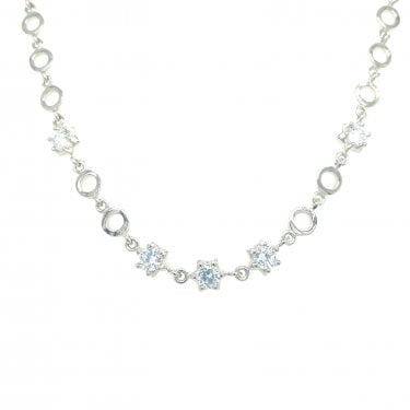 Sterling Silver Kids Open Plain Circle & CZ Star Link Extendable Necklace 34cm + 5.5cm