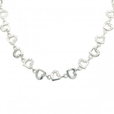 Sterling Silver Kids Part Plain Part CZ Open Heart Link Extendable Necklace 34.5cm + 5.5cm