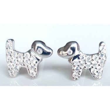 Sterling Silver Kids Plain Head & CZ Body Dog Stud 9mm x 8mm Earrings