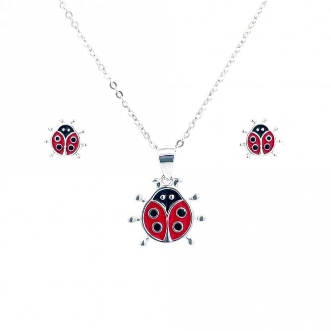 Faith Sterling Silver Sterling Silver Ladybird Enamel Necklace & Earrings Set 7x8mm, 12x14mm, 16-18