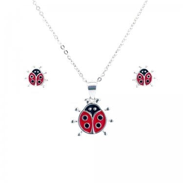 Sterling Silver Ladybird Enamel Necklace & Earrings Set 7x8mm, 12x14mm, 16-18"