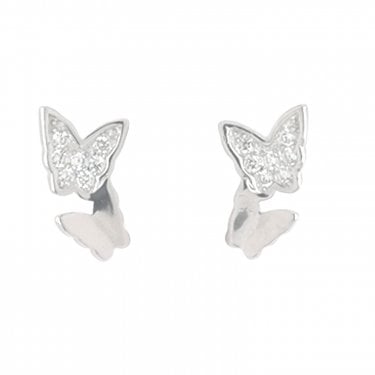 Sterling Silver Large CZ Butterfly with Small Plain Butterfly Drop 5x10mm Stud Earrings