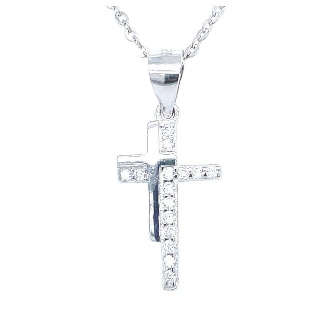 Faith Sterling Silver Sterling Silver Large CZ Cross with Small Plain Cross Top Left Necklace 16x10mm, 16-18