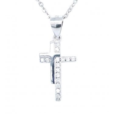 Sterling Silver Large CZ Cross with Small Plain Cross Top Left Necklace 16x10mm, 16-18"