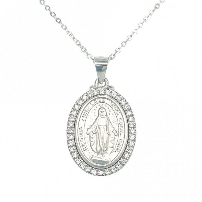 Faith Sterling Silver Sterling Silver Large Miraculous Medal with CZ Surround Necklace 20x15mm, 16-18