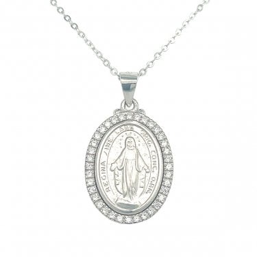Sterling Silver Large Miraculous Medal with CZ Surround Necklace 20x15mm, 16-18"