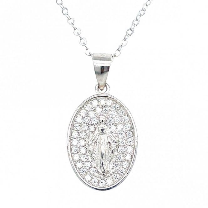 Faith Sterling Silver Sterling Silver Large Oval CZ Pave Background Miraculous Medal Necklace 16x12mm, 16-18