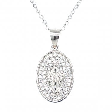 Sterling Silver Large Oval CZ Pave Background Miraculous Medal Necklace 16x12mm, 16-18"