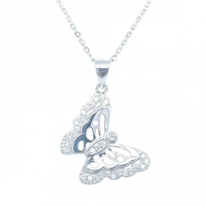 Faith Sterling Silver Sterling Silver Laser Cut Butterfly with CZ Edge Wings Necklace 18mm, 16-18
