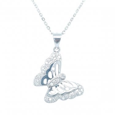 Sterling Silver Laser Cut Butterfly with CZ Edge Wings Necklace 18mm, 16-18"