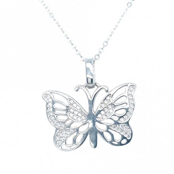 Faith Sterling Silver Sterling Silver Laser Cut Butterfly with Part CZ Necklace 16x24mm, 16-18