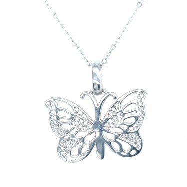 Sterling Silver Laser Cut Butterfly with Part CZ Necklace 16x24mm, 16-18"