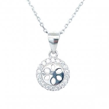 Sterling Silver Laser Cut Flower with CZ Surround Necklace 9mm, 16-18"