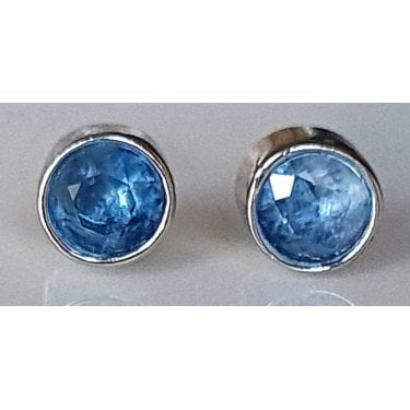 Sterling Silver MARCH Aquamarine Birthstone Rubover Round Earrings 4x4mm 