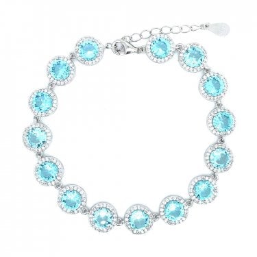 Sterling Silver March Birthstone CZ Halo Bracelet 9x9mm, 16.5+3cm
