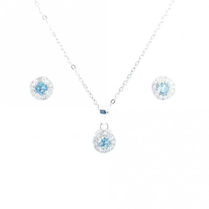 Faith Sterling Silver Sterling Silver March Birthstone CZ Halo Necklace & Earrings Set 7x7mm, 16-18