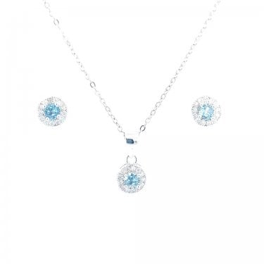 Sterling Silver March Birthstone CZ Halo Necklace & Earrings Set 7x7mm, 16-18"